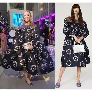 BUSAYO Batik Floral Tie Dye Organza Puff Sleeve Oversized‎ Babydoll Midi Dress M